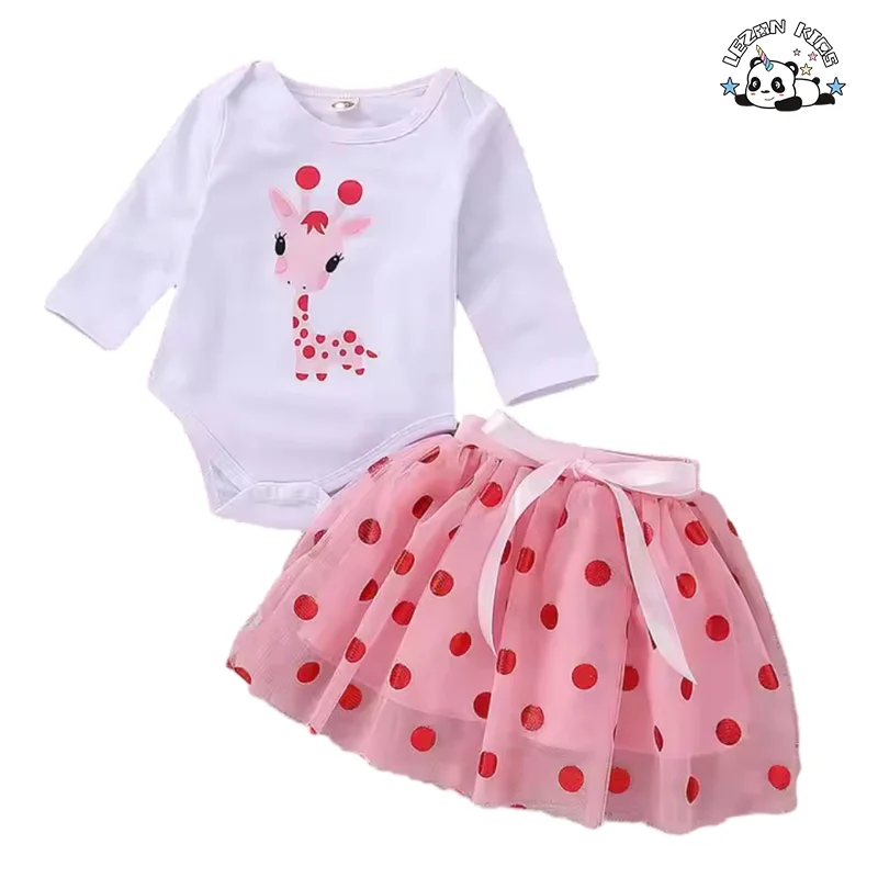 LEZONKIDS - Children Skirt New Girls pink Cute Deer Cartoon Dots Double Layer Gauze Poncho Skirt Suit Girl Clothing Set